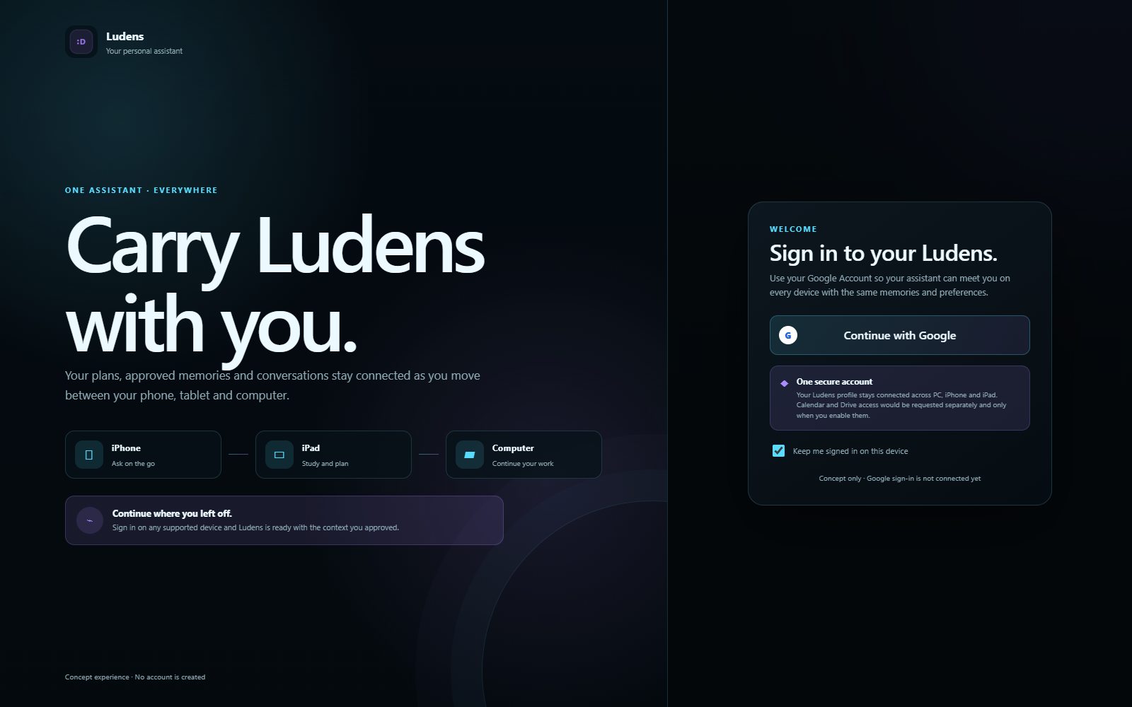 Ludens sign-in screen on Windows